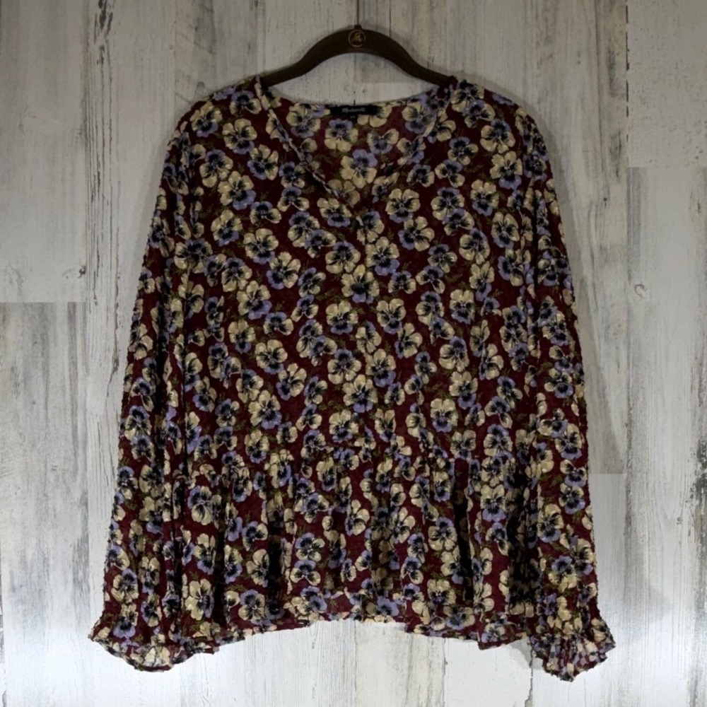 Madewell Peplum Blouse XXL Burgundy Floral Pansy Dobby Dot Semi Sheer V-Neck